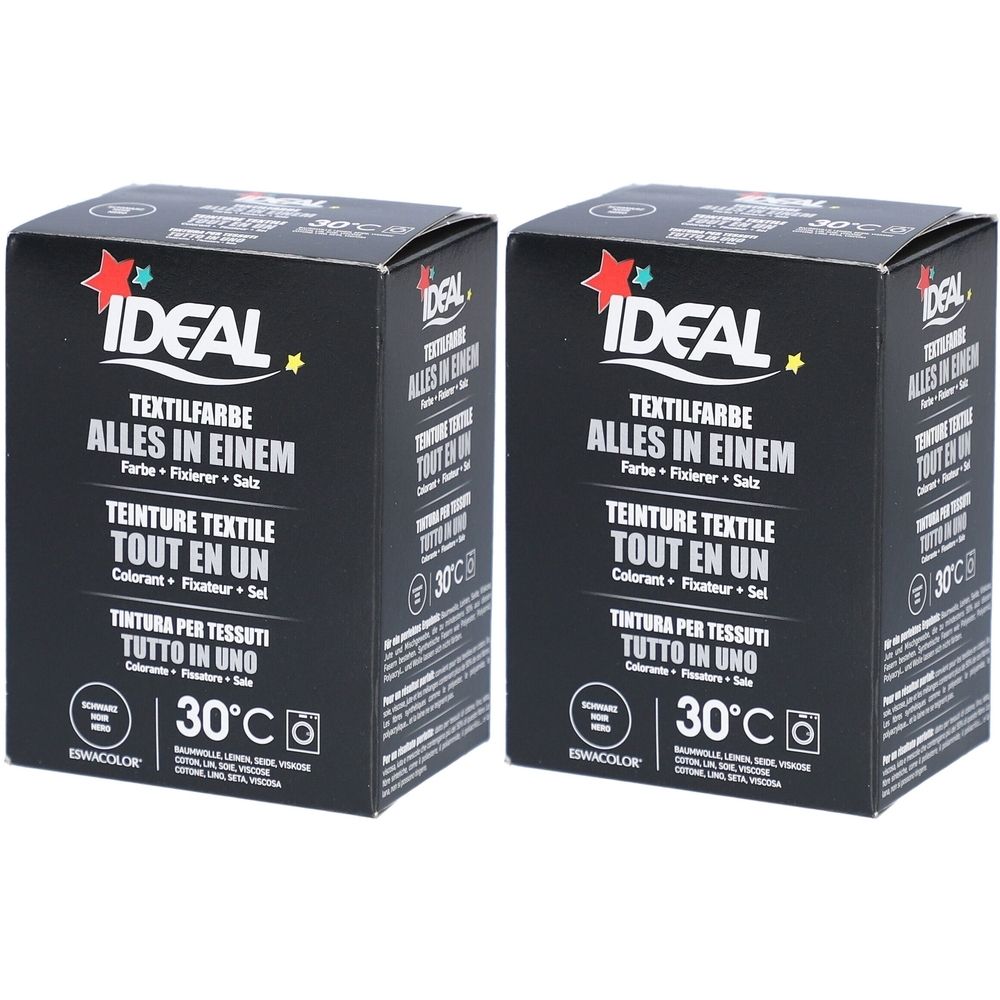 Deux boîtes noires. Inscription IDEAL TEXTILFARBE, TOUT EN UN. Contient colorant, fixateur et sel. Indication de température 30°C.