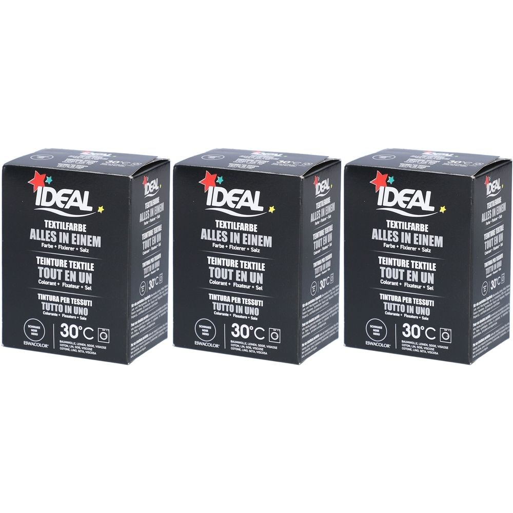 Trois boîtes noires de teinture textile IDEAL. Inscription : ALLES IN EINEM, TEINTURE TEXTILE, TUTTO IN UND. Affichage de la température 30°C.