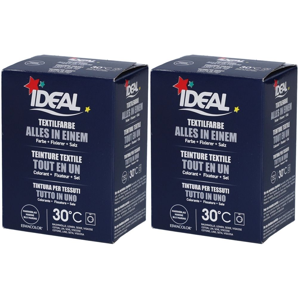 Twee blauwe dozen met IDEAL Textilfarbe. Textielverf, fixeermiddel en zout. Geschikt voor wasmachines. Temperatuur 30°C.