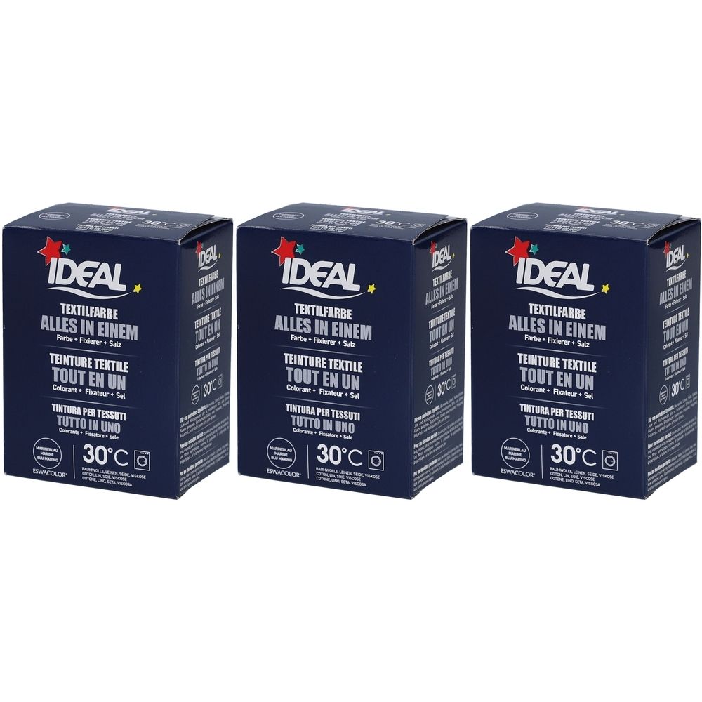 Drie blauwe dozen met de tekst IDEAL Textilfarbe. Opschriften in het Duits, Frans en Italiaans. Temperatuurindicatie 30°C.
