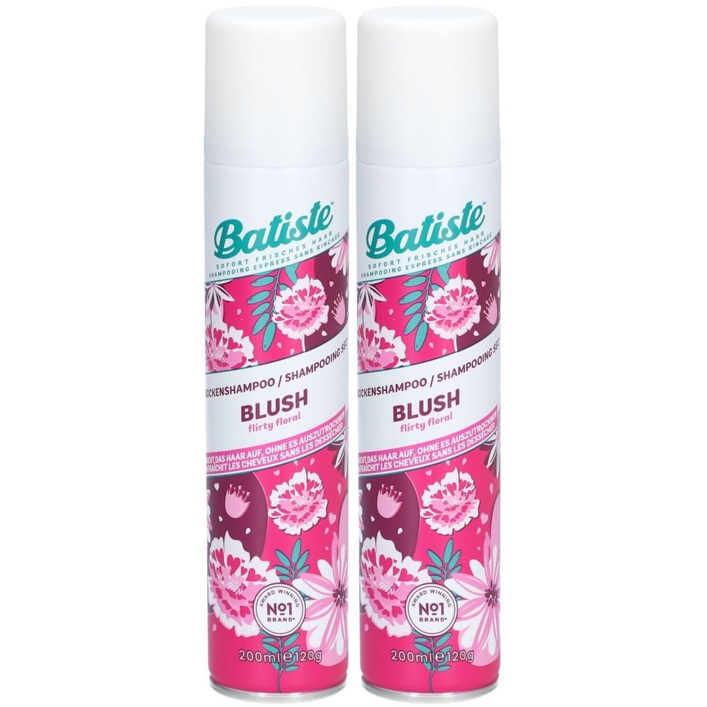 Twee spuitbussen Batiste Blush droogshampoo. Roze bloemenpatroon. Witte dop. Tekst: Flirty Floral, 200ml.