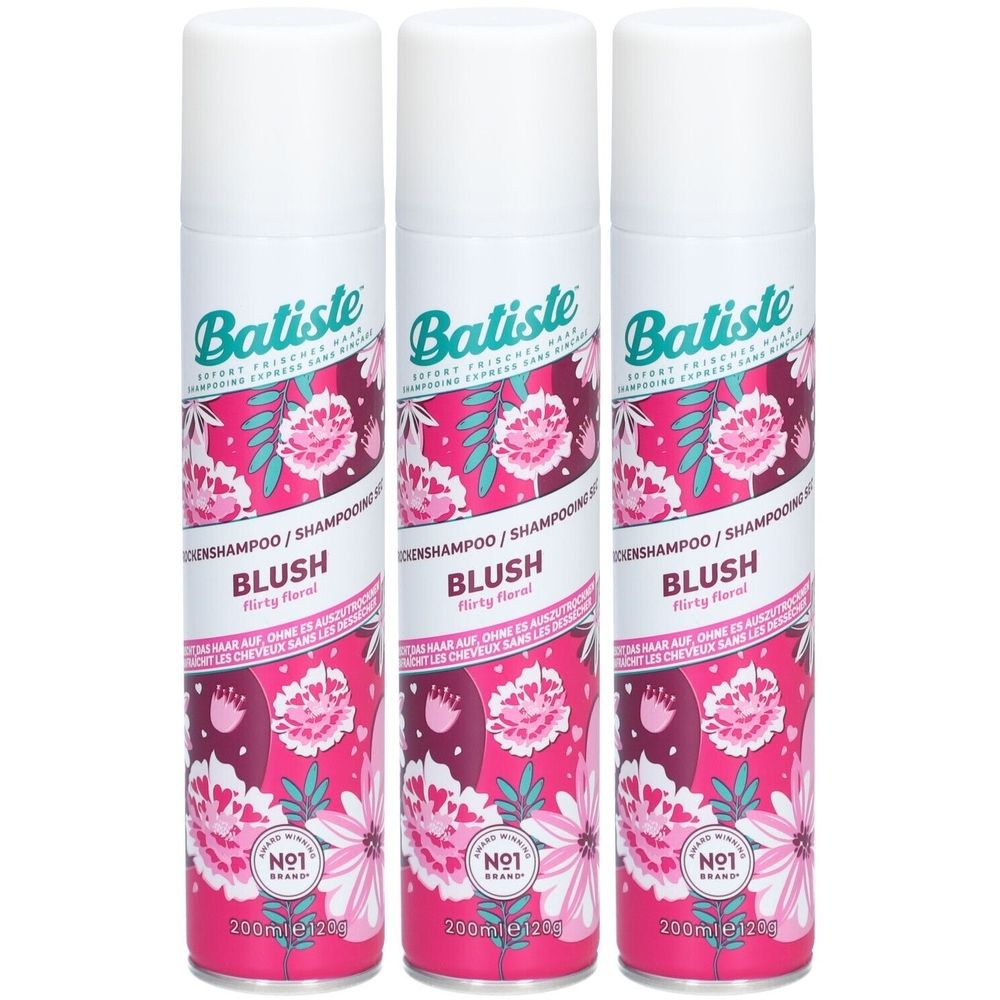 Drie Batiste Blush droogshampoo flessen. Roze en wit bloemendesign. Opschrift: N°1 Brand, 200ml. Witte dop.