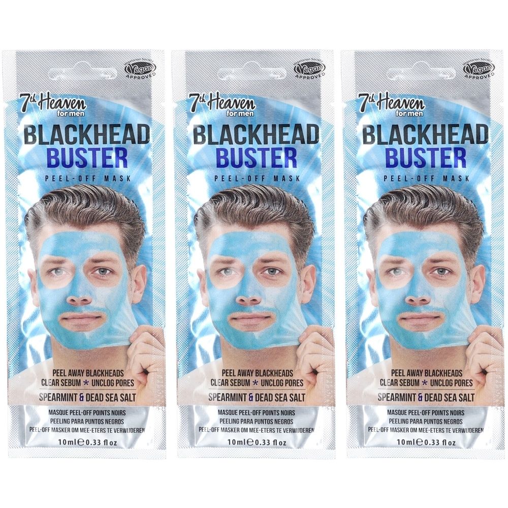 Trois paquets de masque peel-off 7th Heaven Blackhead Buster pour hommes. Chaque paquet montre un homme avec un masque bleu.