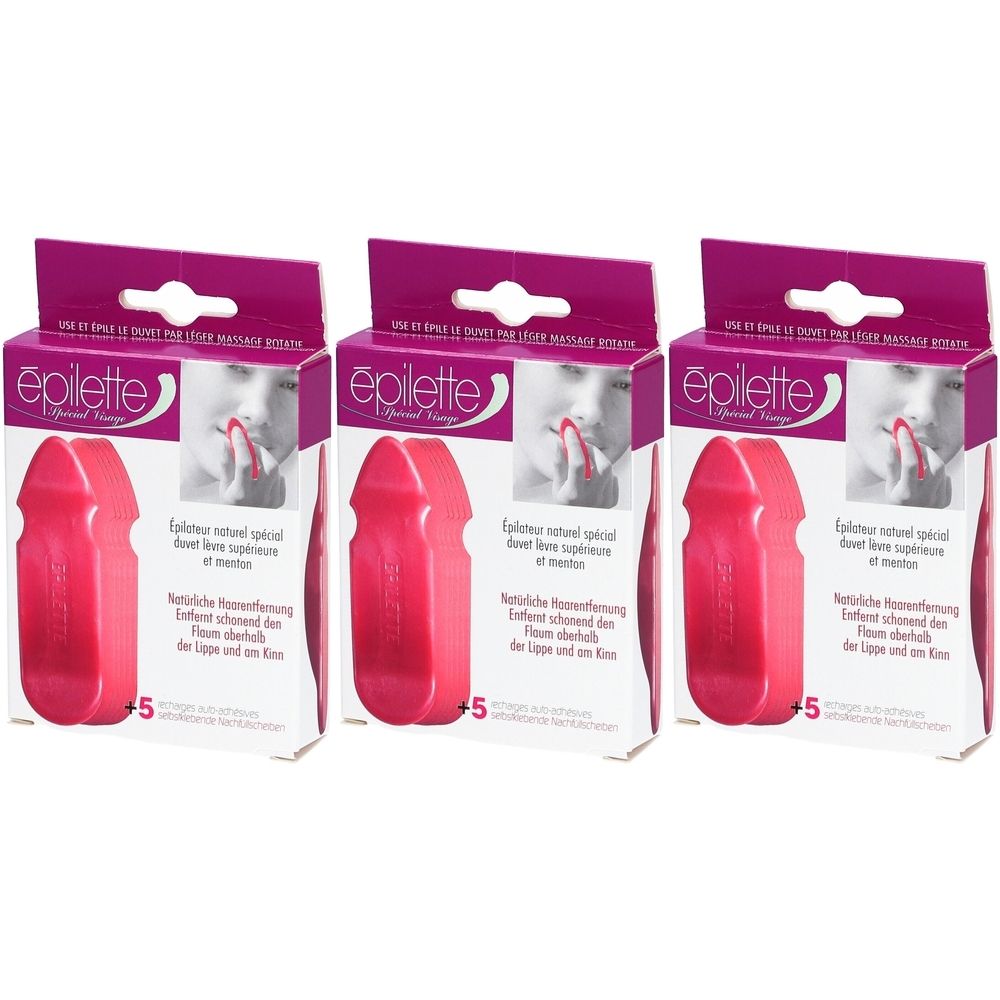 Drie verpakkingen van epilators. Elke verpakking bevat een rode epilator en is voorzien van de tekst "épilette".