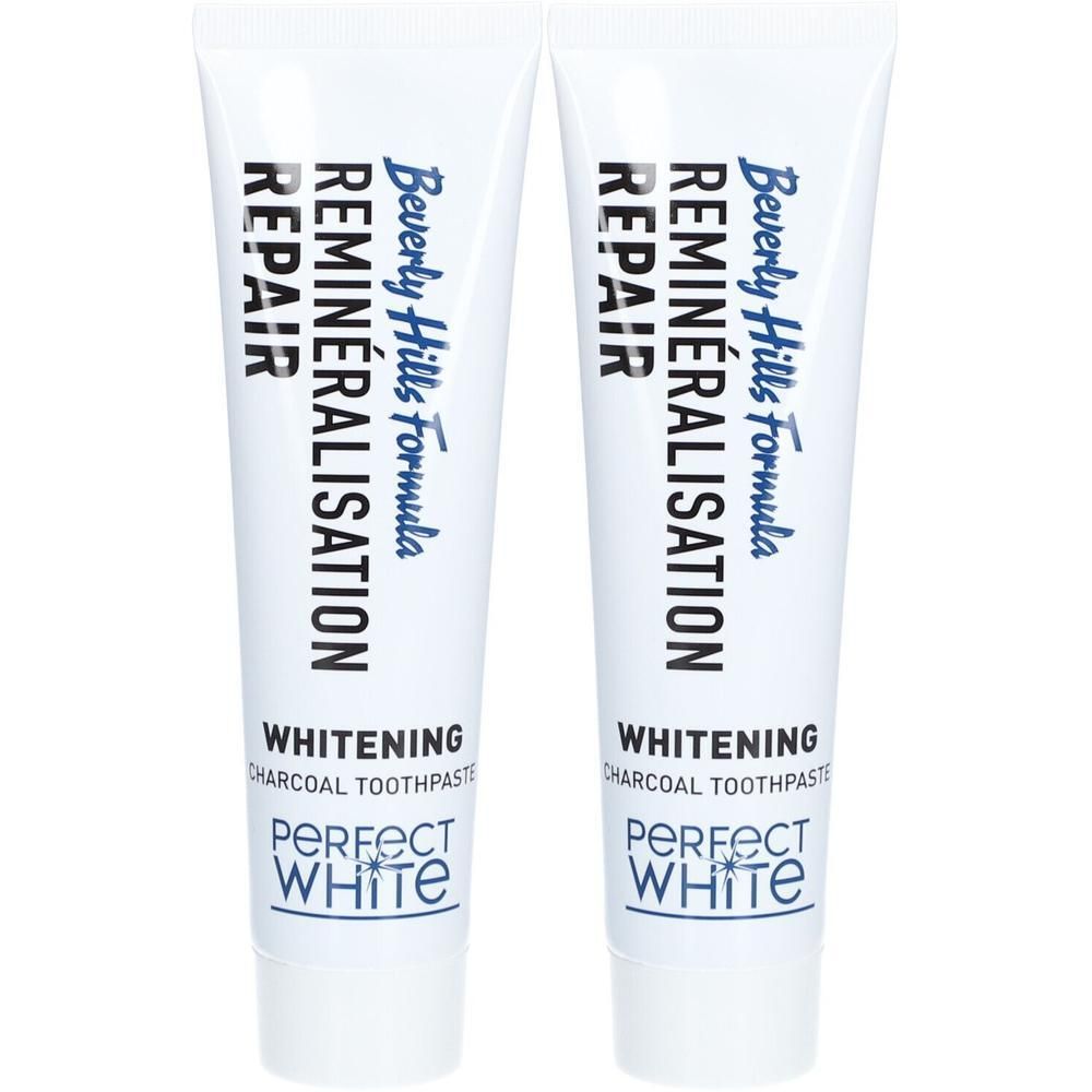 Twee tubes tandpasta. Opschrift: Beverly Hills Formula, Remineralisation, Repair, Whitening, Perfect White.