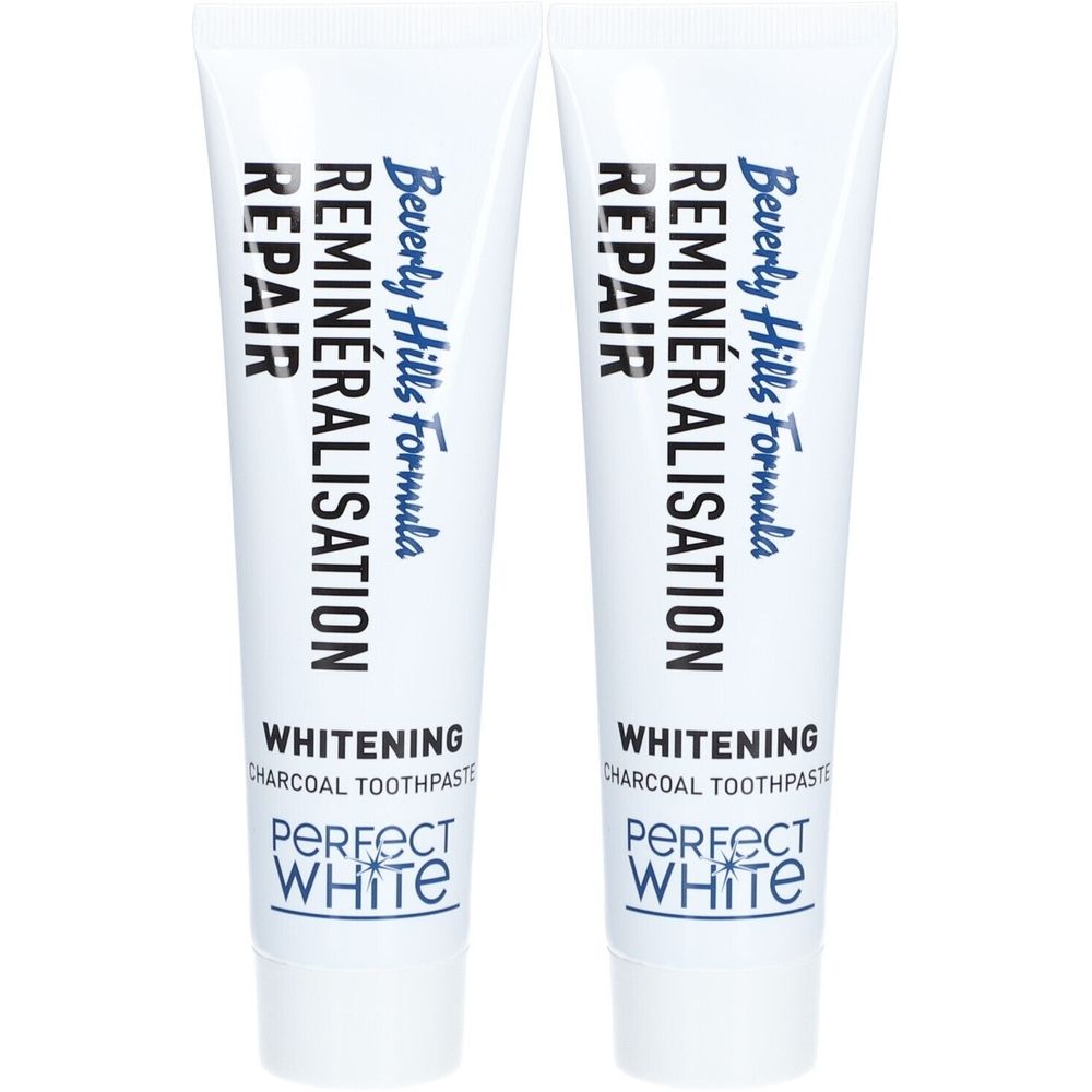 Twee tubes tandpasta. Opschrift: Beverly Hills Formula, Remineralisation, Repair, Whitening, Perfect White.