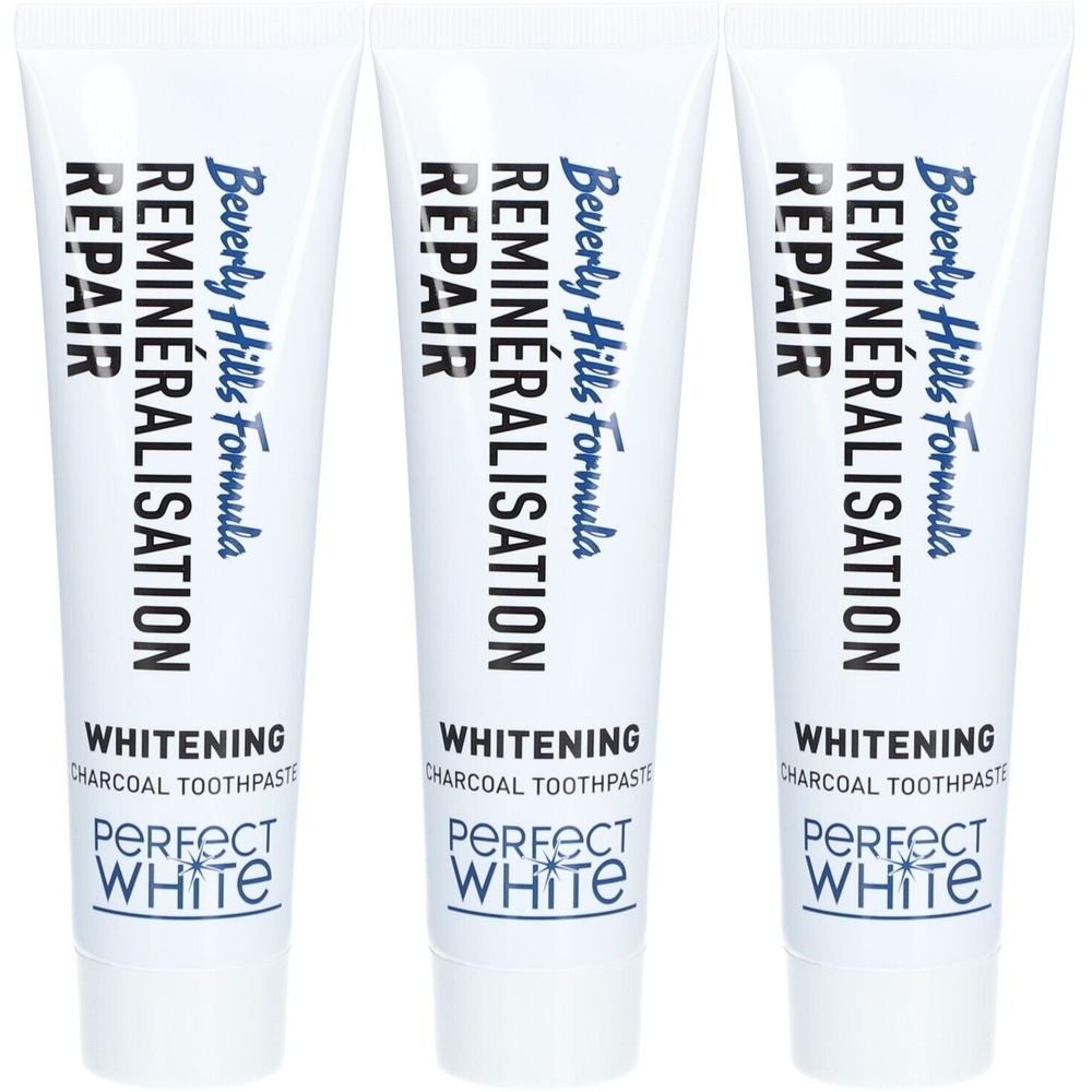 Trois tubes de dentifrice. Inscription: Beverly Hills Formula, Reminéralisation, Repair, Whitening, Perfect White.