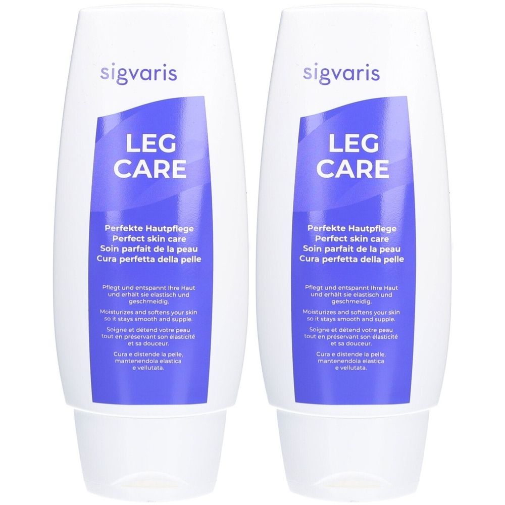 Deux flacons blancs avec une étiquette violette. L'étiquette indique "LEG CARE" et "sigvaris". Texte multilingue en dessous.