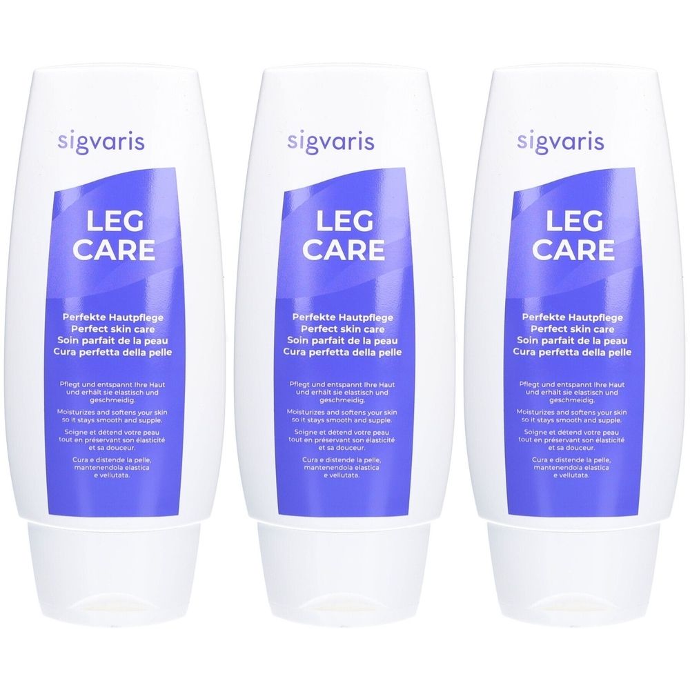 Trois flacons blancs avec des étiquettes bleues. Les étiquettes indiquent "sigvaris LEG CARE" et du texte multilingue.