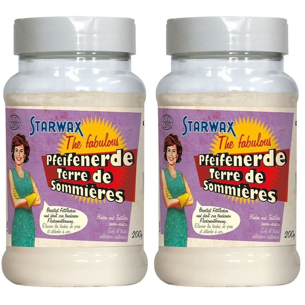 Deux pots cylindriques de poudre blanche. Étiquette STARWAX, Pfeifenerde Terre de Sommières. Illustration femme et étoile jaune.