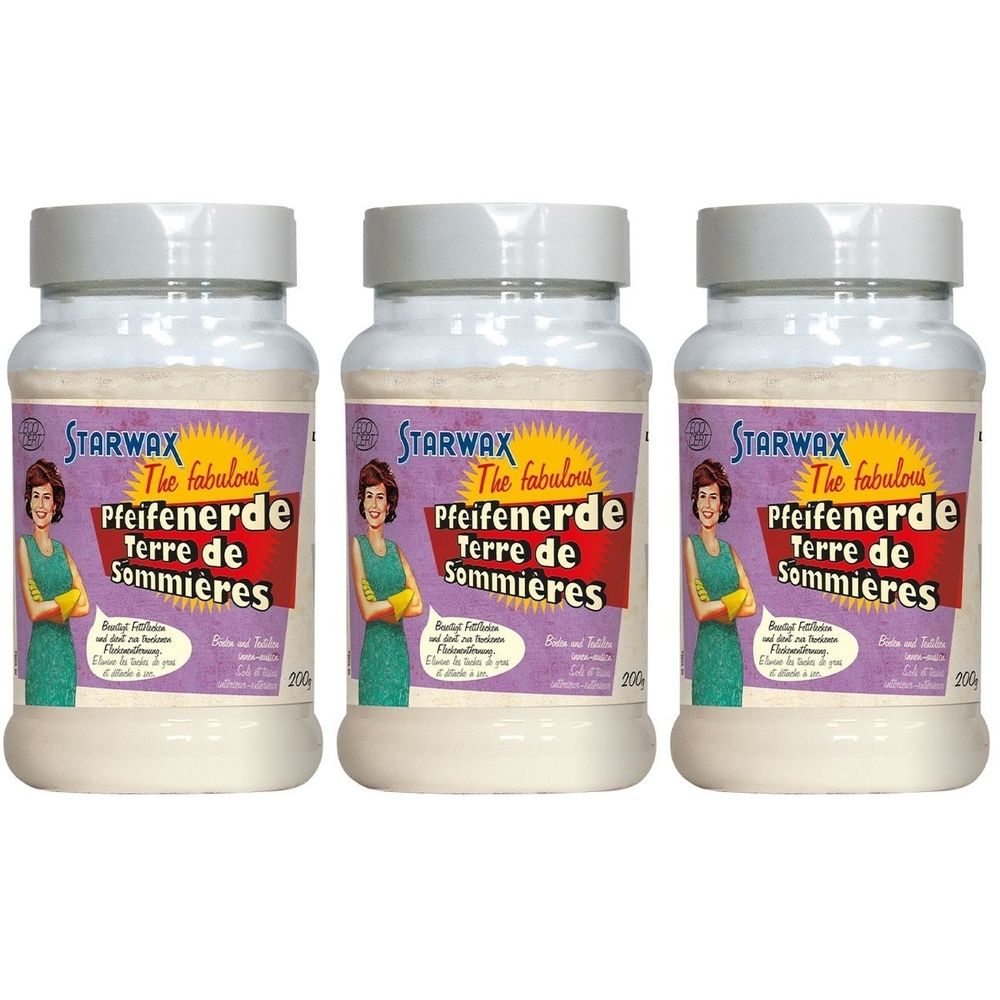 Trois pots blancs avec couvercles. Étiquettes avec STARWAX, Pfeifenerde Terre de Sommieres. Image d'une femme.
