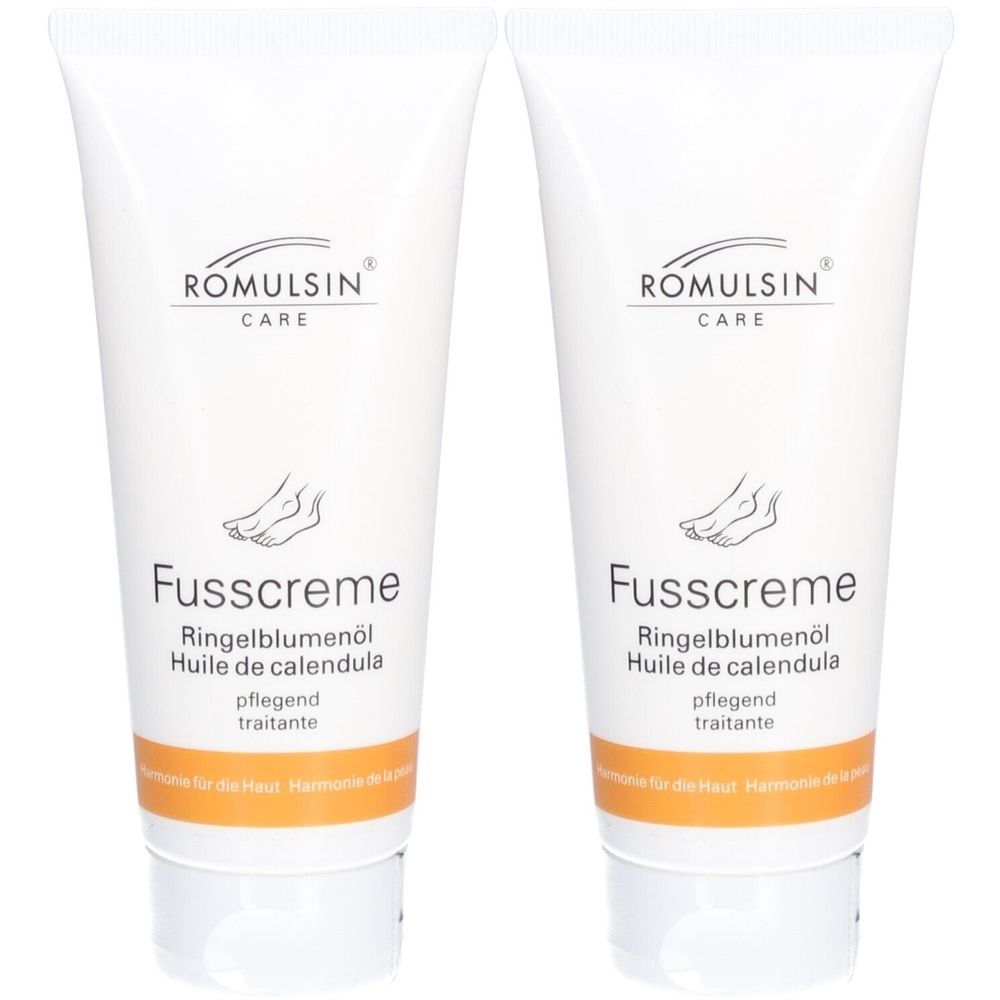 Twee witte tubes voetcrème. Opschrift: ROMULSIN CARE, Fusscreme, Ringelblumenöl. Illustratie van een voet.