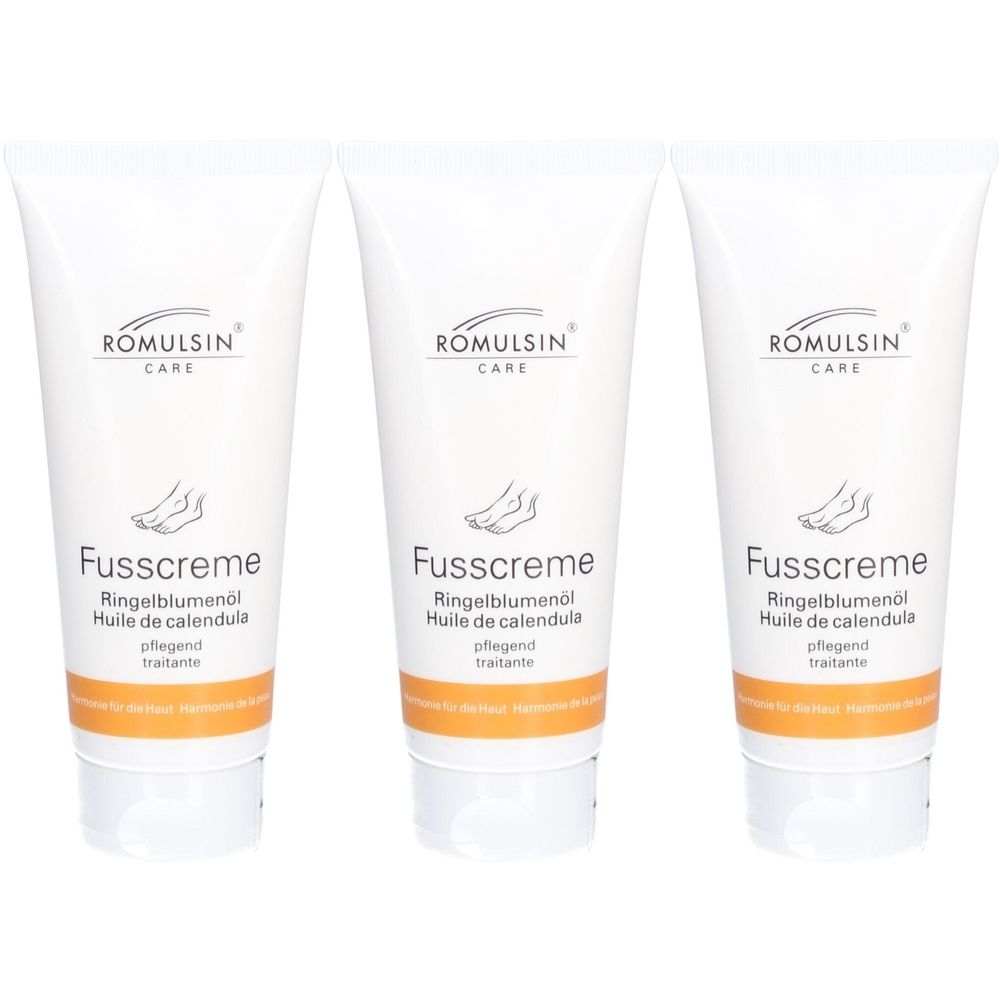 Drie witte tubes ROMULSIN voetcrème. Opschrift: Fusscreme, Calendula-olie, verzorgend. Oranje streep.
