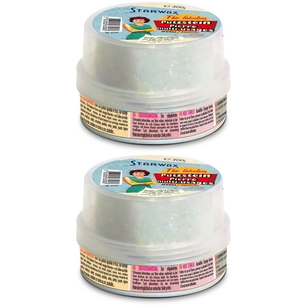 Twee ronde containers met witte inhoud. Opschrift STARWAX, Mehrzweckstein. Labels met tekst.