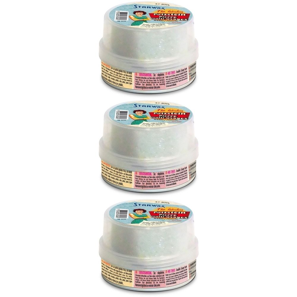 Drie potten STARWAX Mehrzweckstein. Ronde, transparante containers met deksels. Labels met productinformatie en logo.