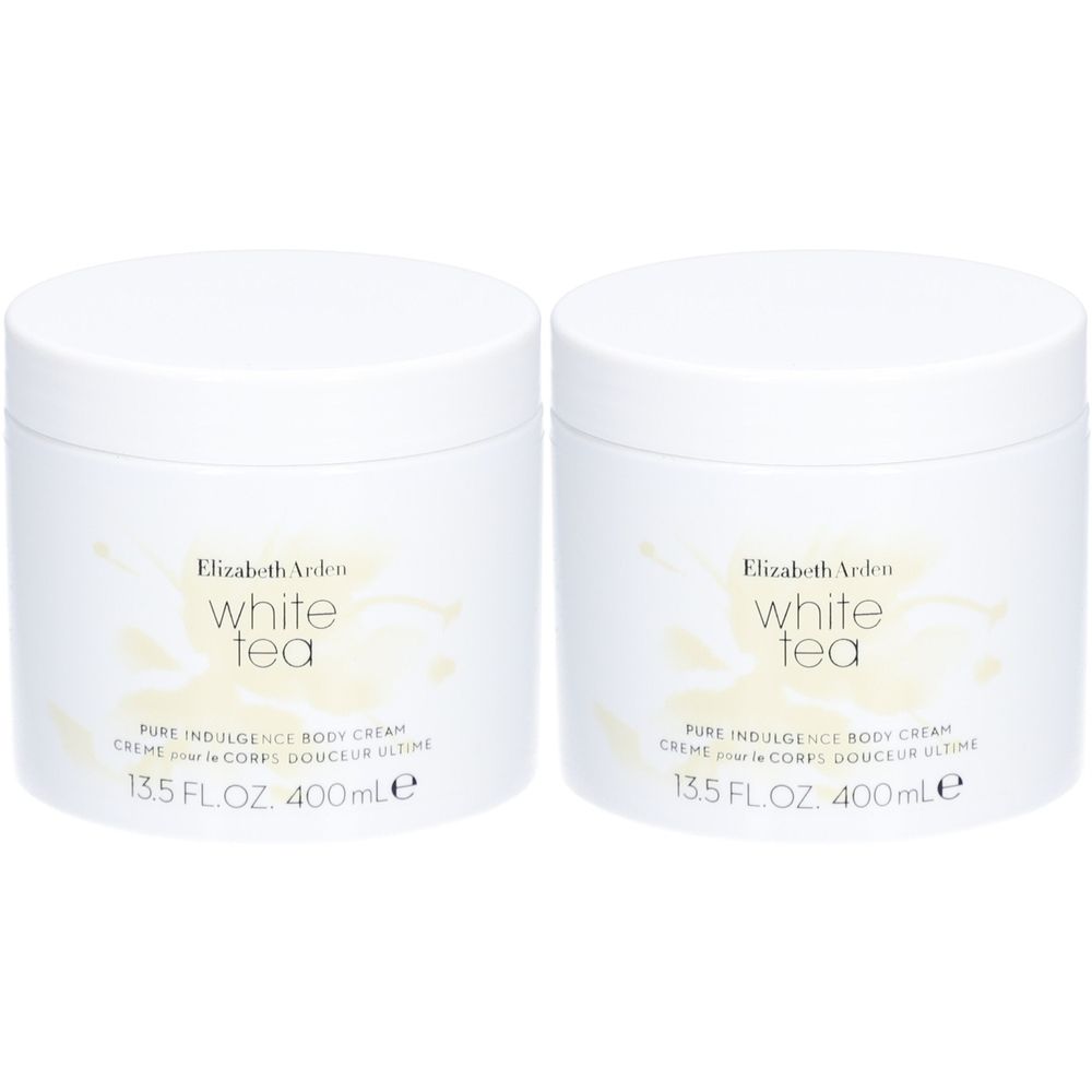 Twee witte potten met deksels. Opschrift: Elizabeth Arden White Tea Pure Indulgence Body Cream. 13.5 FL.OZ. 400ml.