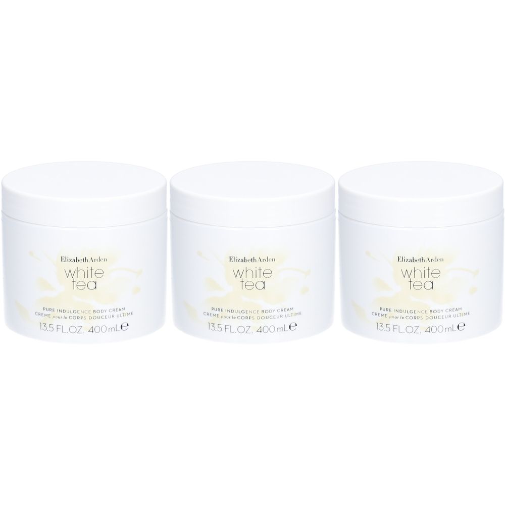 Drie witte potten met deksels. Opschrift: Elizabeth Arden White Tea Pure Indulgence Body Cream. 13.5 FL. OZ. 400ml.