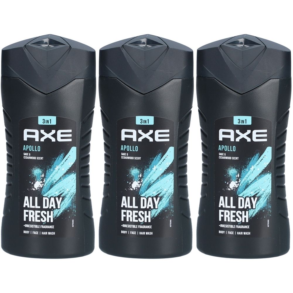 Trois flacons noirs de gel douche AXE 3-en-1 Apollo. Inscription : ALL DAY FRESH. Produit pour le corps, le visage et les cheveux.