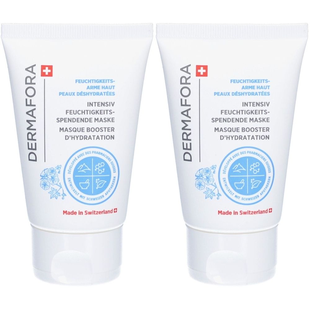 Deux tubes blancs avec texte bleu et rouge. Inscription: DERMAFORA, Masque hydratant. Fabriqué en Suisse.