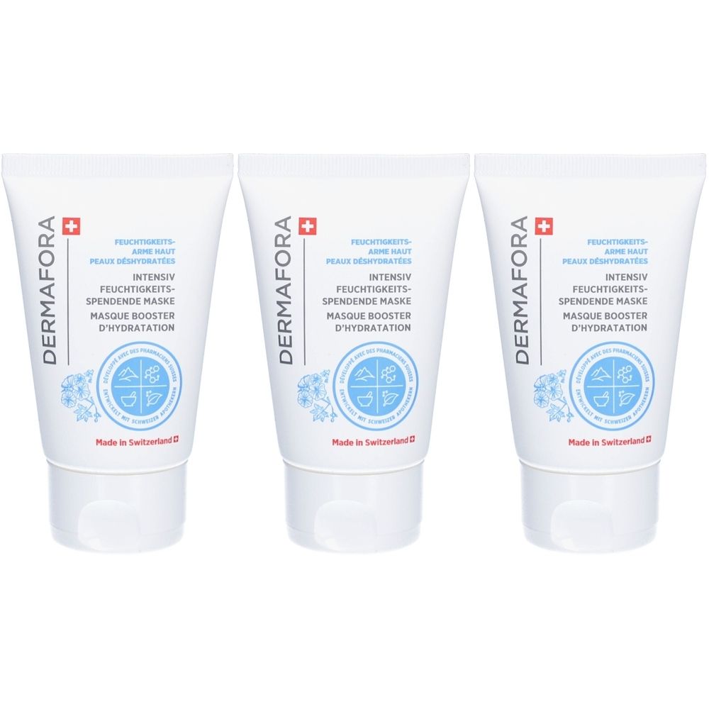 Trois tubes blancs avec texte. Inscription: DERMAFORA, Masque Booster d'Hydratation. Croix suisse visible.