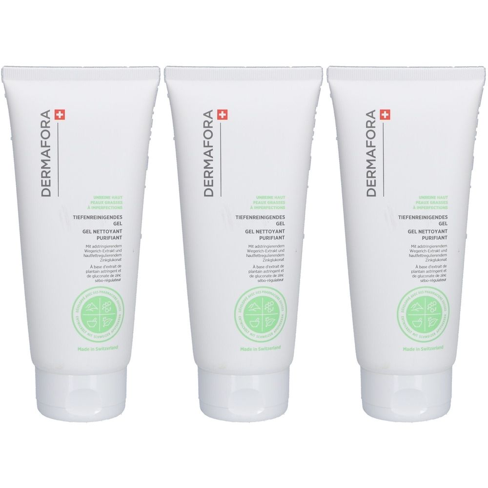 Trois tubes blancs avec impression verte. Logo Dermafora et nom du produit Gel Nettoyant Purifiant. Croix suisse.