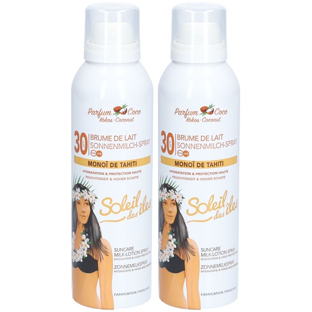 Deux flacons spray blancs avec étiquette. Inscription: Soleil des Îles, SPF 30, Monoï de Tahiti. Illustration d'une femme.