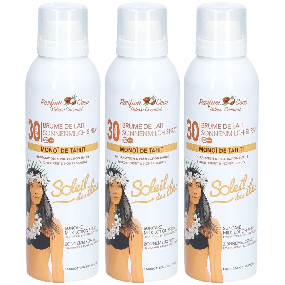 Drie witte sprayflessen zonnebrandmelk. Opschrift: Soleil des Îles, SPF 30, Monoï de Tahiti. Afbeelding van een vrouw.