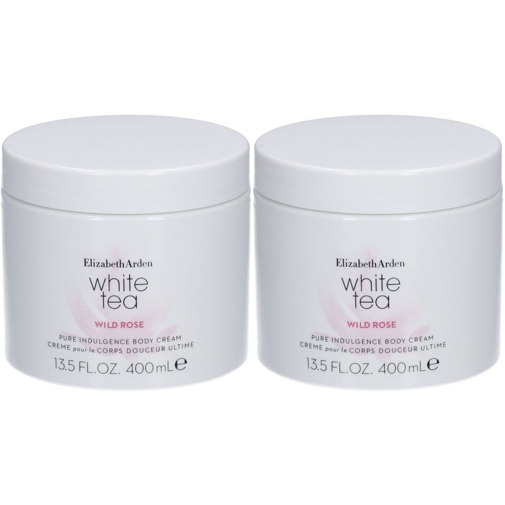 Twee witte potten met deksels. Opschrift: Elizabeth Arden White Tea Wild Rose Pure Indulgence Body Cream. 13.5 FL.OZ. 400mlE.