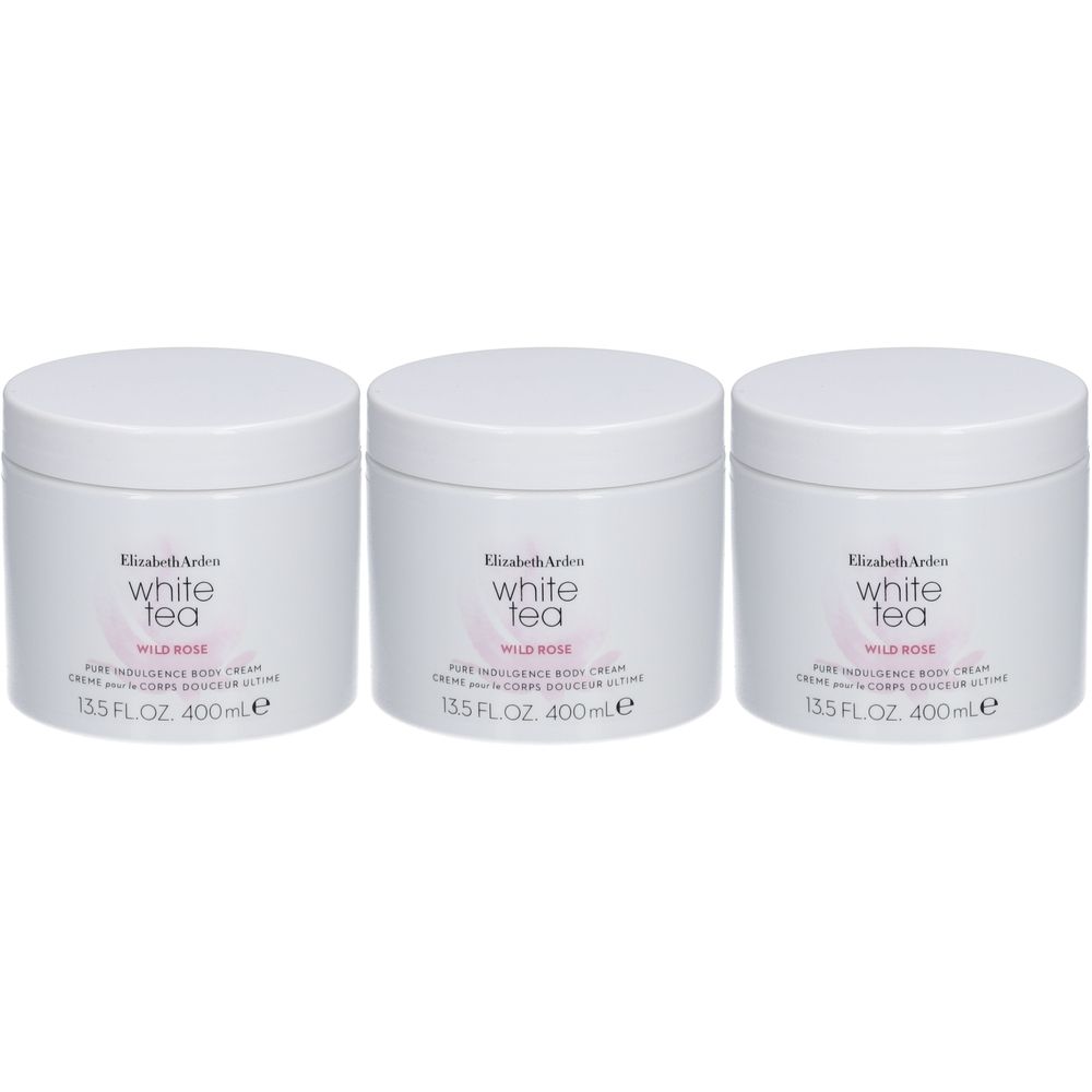 Drie witte potten met deksels. Opschrift: Elizabeth Arden White Tea Wild Rose Pure Indulgence Body Cream. 13.5 FL. OZ. 400ml e.