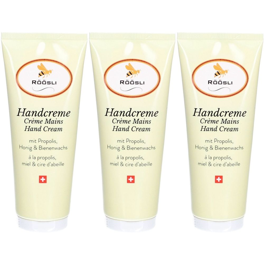 Drie tubes handcrème. Op elke tube staat "Handcreme" en "RÖÖSLI". Zwitsers kruisje onderaan.