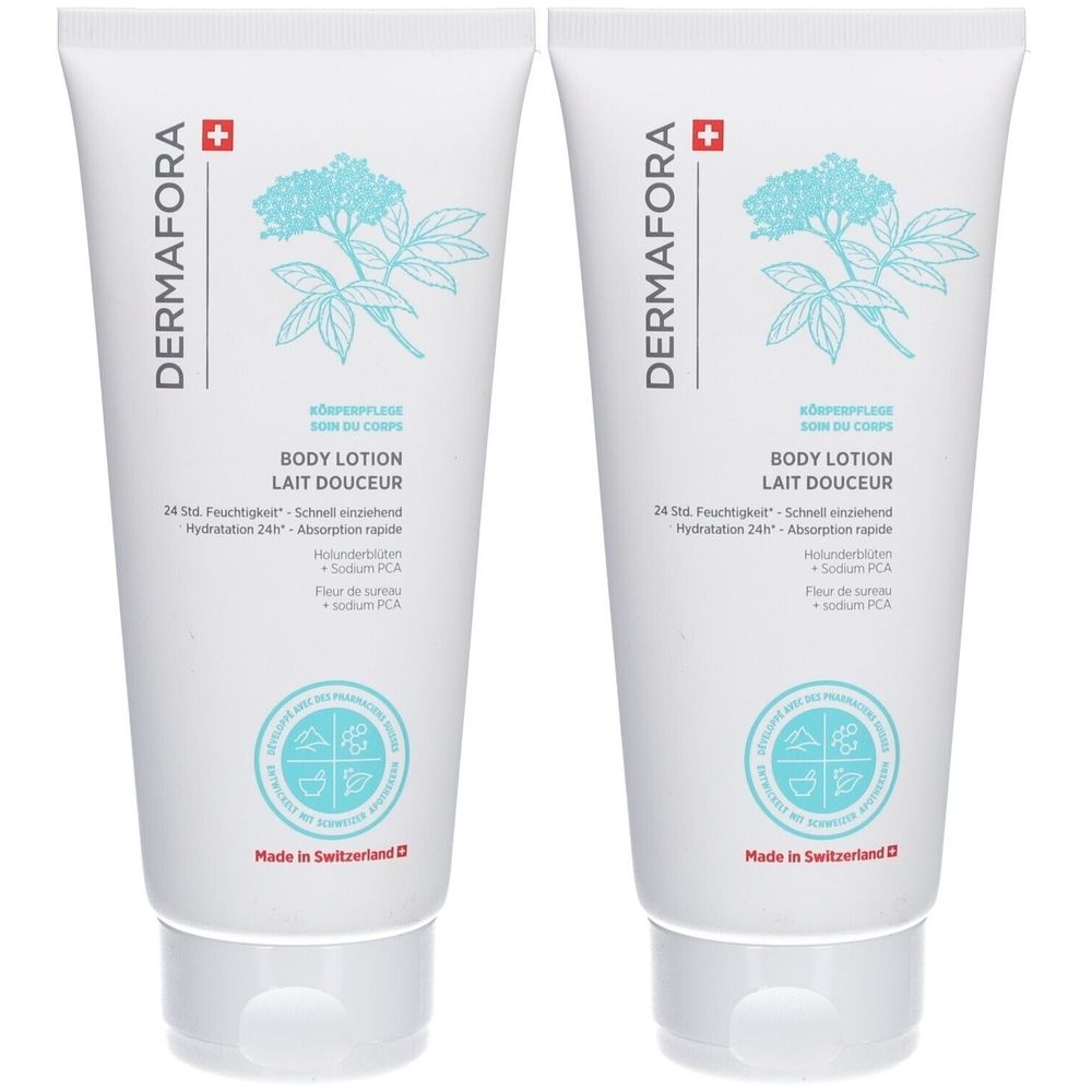 Twee witte tubes met blauwe tekst en illustratie. Opschrift: DERMAFORA, Body Lotion, Lait Douceur. Zwitsers kruis. Gemaakt in Zwitserland.