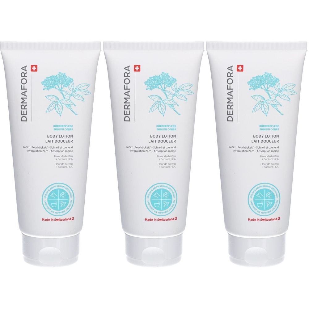 Drie witte tubes met opdruk. Opschrift: DERMAFORA, BODY LOTION, LAIT DOUCEUR. Zwitsers kruis.