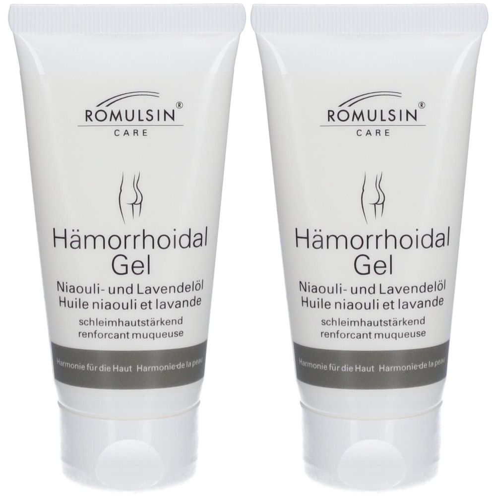 Deux tubes de gel. Inscription: ROMULSIN CARE, Hämorrhoidal Gel, Niaouli et lavande. Tubes blancs avec bouchons blancs.