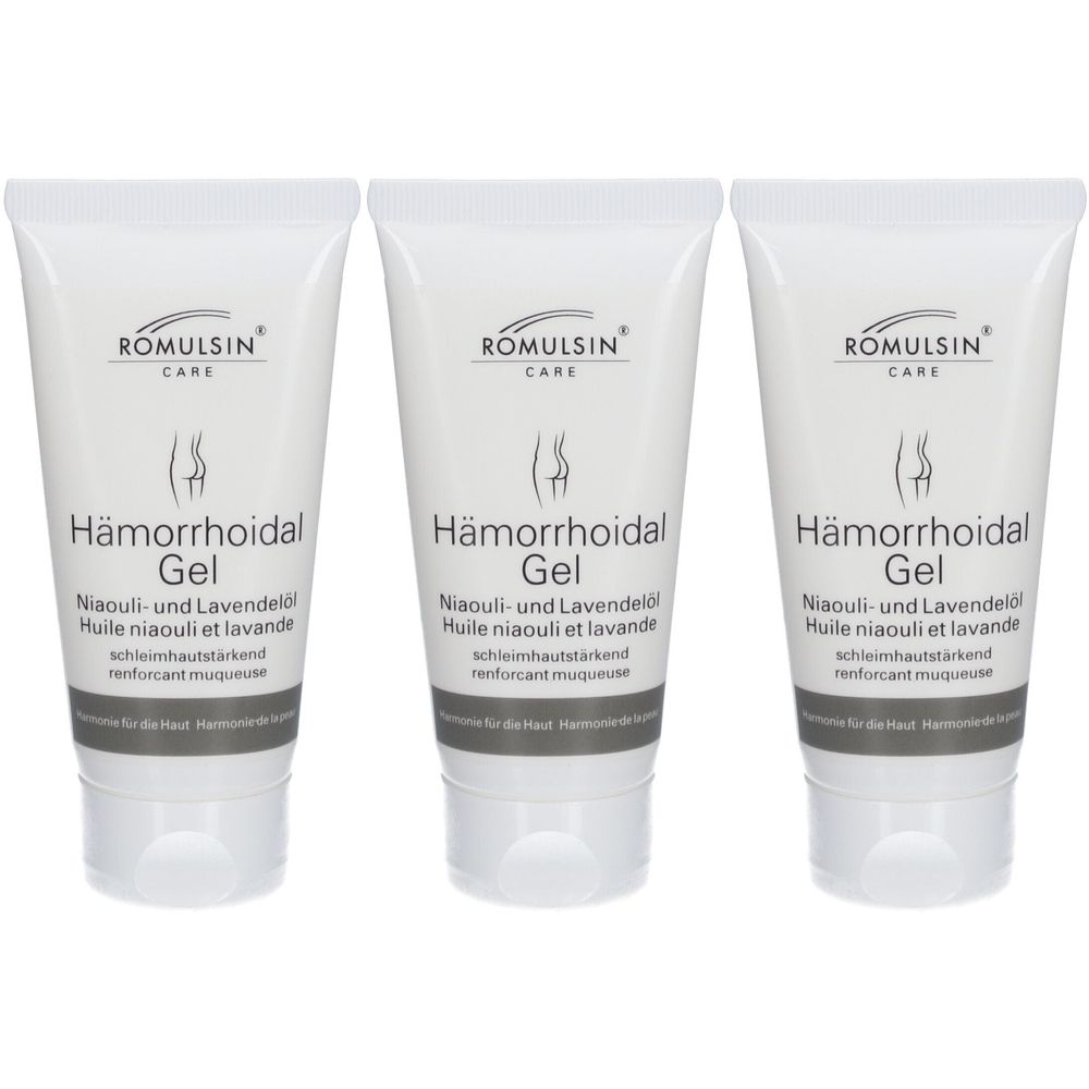 Drie witte tubes met tekst. Tekst: Hämorrhoidal Gel, Niaouli en Lavendel. Merk: ROMULSIN CARE.