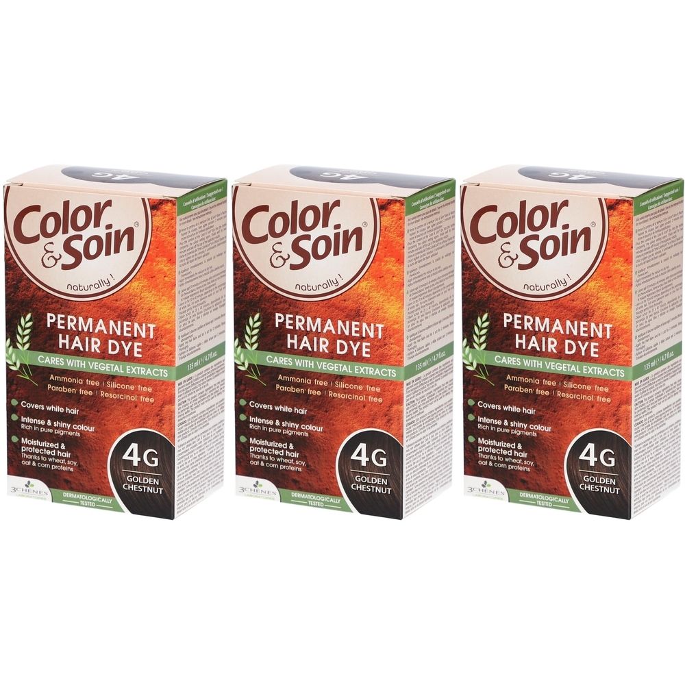 Drie dozen Color & Soin Permanent Hair Dye. Opschrift: 4G Golden Chestnut. Bevat plantaardige extracten. Bedekt grijs haar.