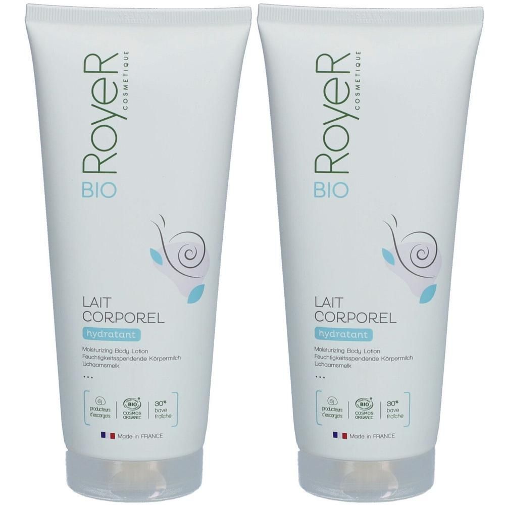 Deux tubes blancs de ROYER Lait Corporel. Inscription: BIO, hydratant. Symbole d'escargot. Labels: Cosmos, Made in France.