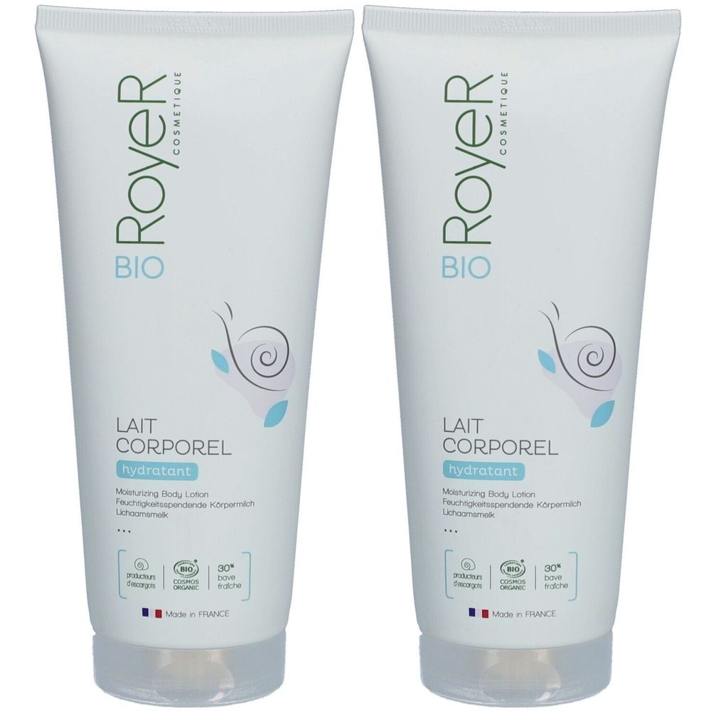 Twee witte tubes ROYER Lait Corporel. Opschrift: BIO, hydratant. Slakken-symbool. Keurmerken: Cosmos, Made in France.