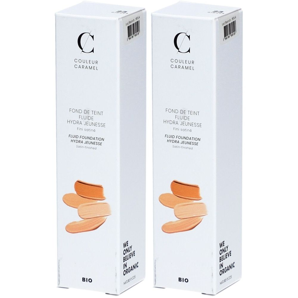 Deux boîtes blanches avec informations produit et échantillons de couleurs. Inscription: COULEUR CARAMEL, FOND DE TEINT FLUIDE HYDRA JEUNESSE.