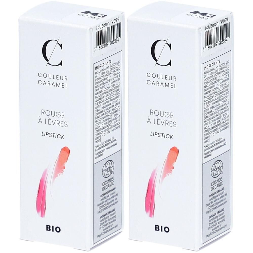 Twee dozen "Couleur Caramel Rouge à Lèvres Lipstick BIO". Toont lippenstiftstalen in roze en rode tinten.