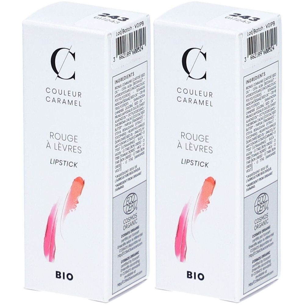 Twee witte dozen met "COULEUR CARAMEL" en "ROUGE À LÈVRES LIPSTICK". Met "BIO" en COSMOS ORGANIC certificering.