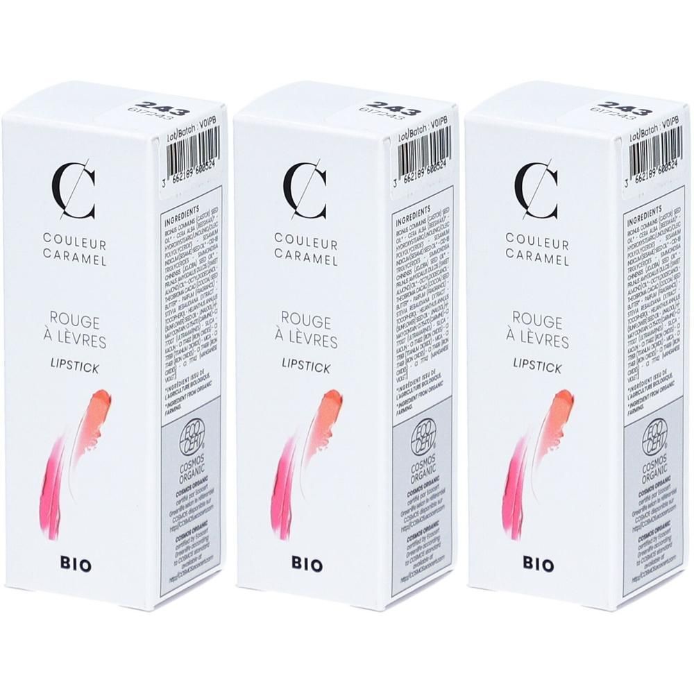 Drie dozen lippenstift van Couleur Caramel, kleur Hibiscus. Met BIO en COSMOS ORGANIC keurmerken.