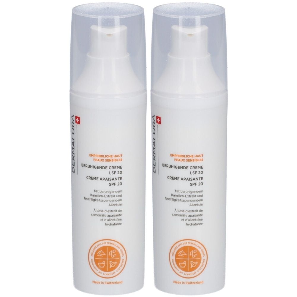 Twee witte flessen met pomp. Opschrift: DERMAFORA, Beruhigende Creme SPF 20, Crème Apaisante SPF 20. Met Zwitsers kruis.