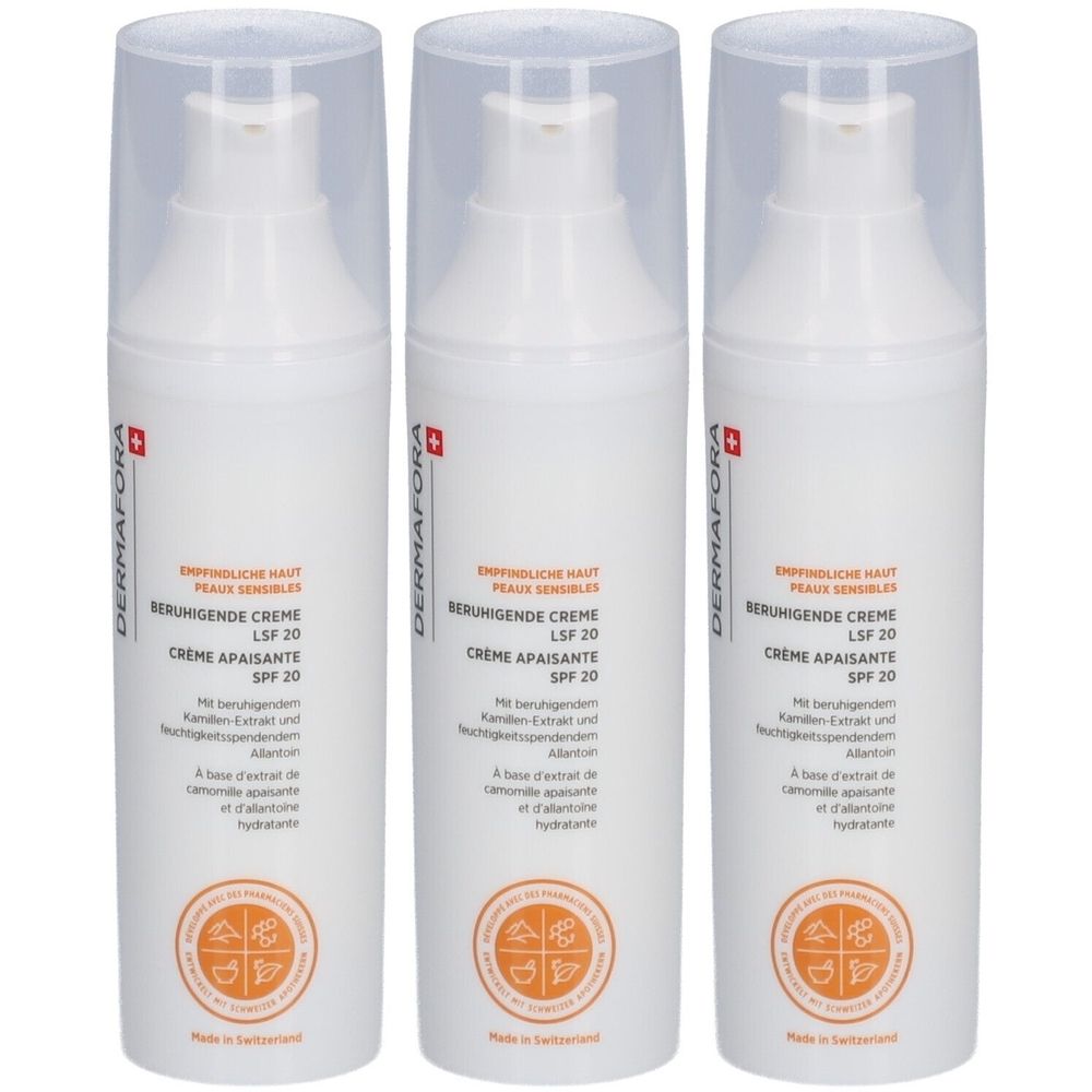 Trois flacons blancs avec pompe. Inscription: DERMAFORA, Crème Apaisante SPF 20. Contient extrait de camomille. Peaux sensibles.