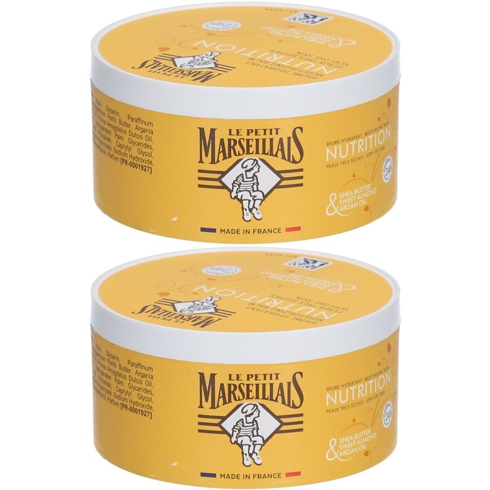 Deux pots ronds. Inscription: LE PETIT MARSEILLAIS, Nutrition. Couvercle jaune, bord blanc. Fabriqué en France.