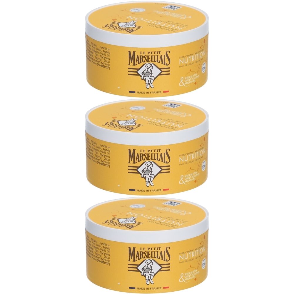 Drie gele potten. Opschrift: LE PETIT MARSEILLAIS, logo, Nutrition. Gele deksels. Made in France.