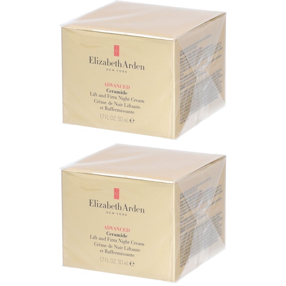 Deux boîtes dorées avec informations produit. Inscription: Elizabeth Arden, Advanced Ceramide Lift and Firm Night Cream.