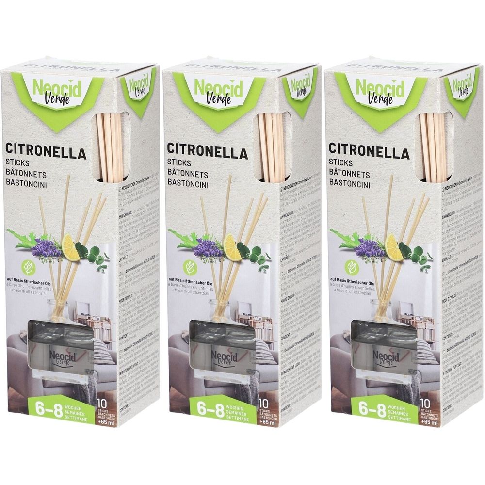 Drie dozen Neocid Verde Citronella Sticks. Elke doos toont stokjes, een afbeelding en de productnaam.