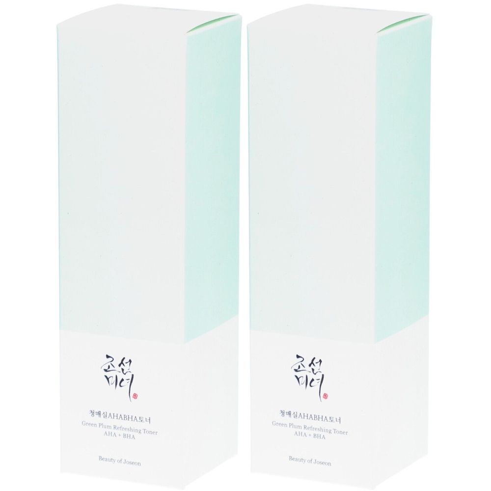 Deux boîtes rectangulaires blanches et menthe. Texte coréen et anglais. Inscription "Beauty of Joseon".