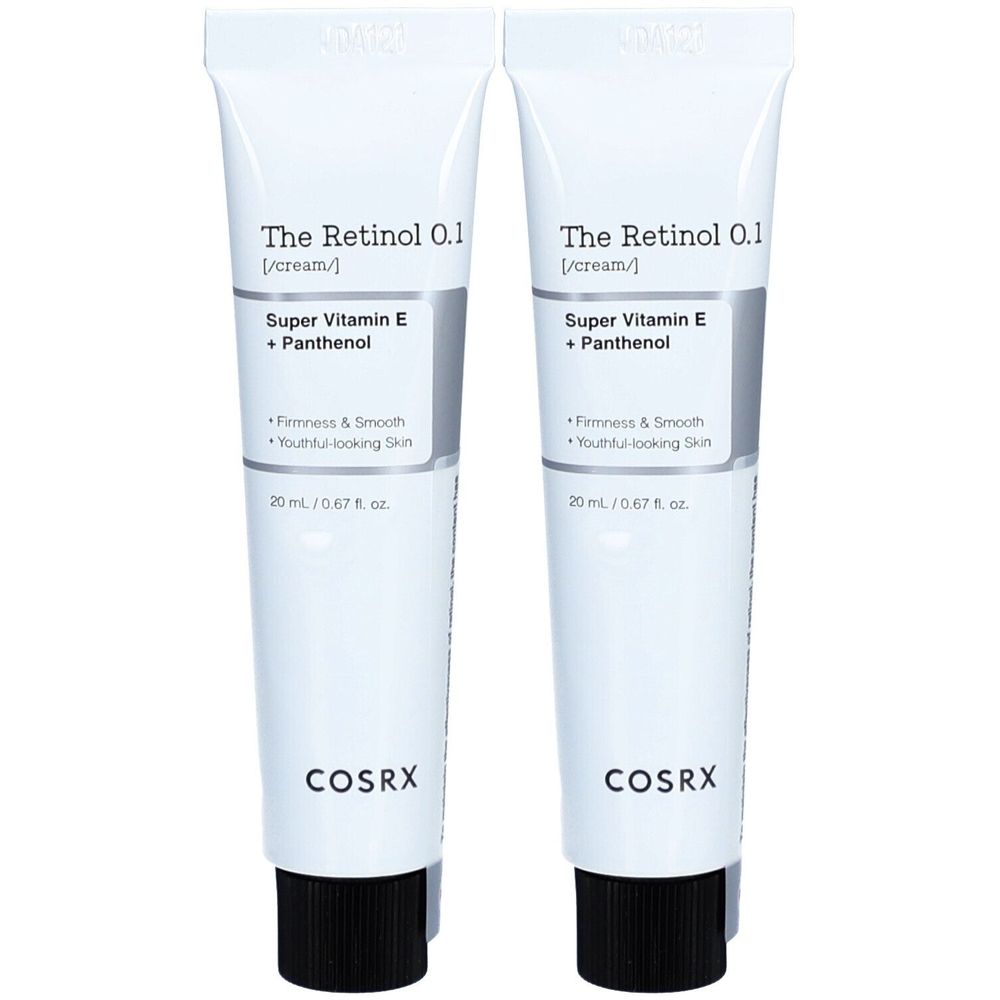 Twee crèmetubes. Opschrift: The Retinol 0.1, Super Vitamin E + Panthenol, COSRX. 20 ml.