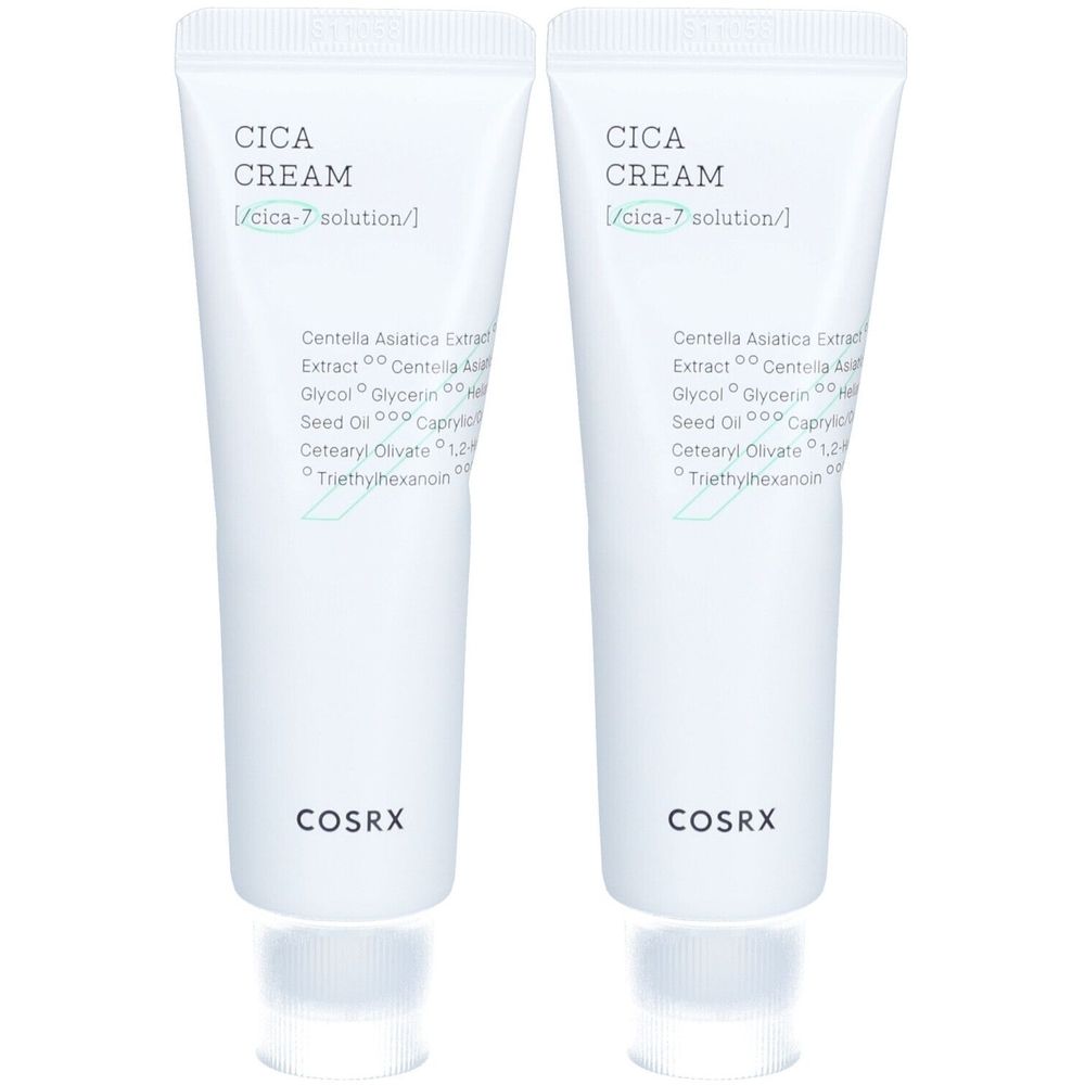 Deux tubes blancs de crème "CICA CREAM" de la marque COSRX. Ingrédients listés sur les tubes.